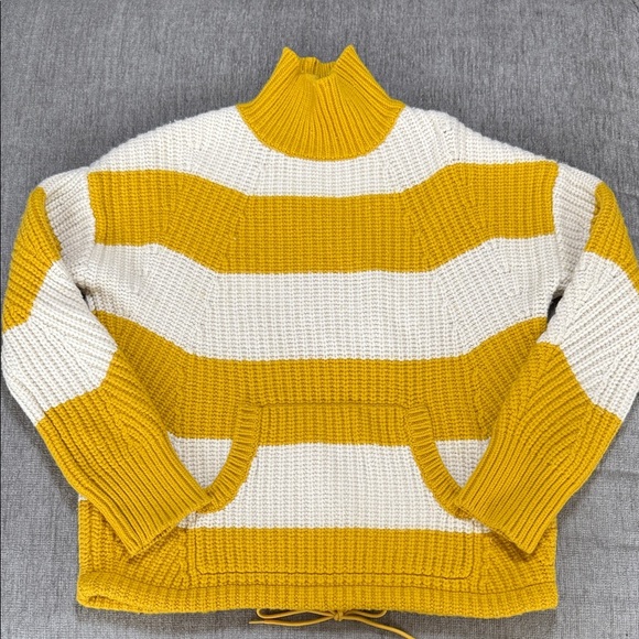 J.Crew Wool Blend Mustard Ivory Stripe Sweater S Mock Neck Cozy Fall Knit - Picture 2 of 7